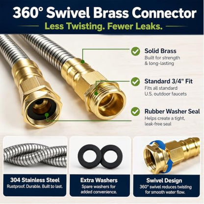 Metal Garden Hose 100 ft – 304 Stainless Steel Water Hose with Nozzle Sprayer, Garden Hoses Flexible, Lightweight, No Kink, Heavy Duty for Outdoor (100 ft) - size: 100 Feet