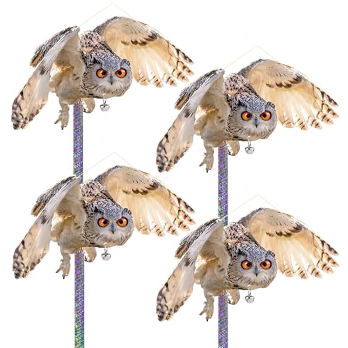 Fake Owl to Keep Pigeon Away from Roof, 4PCS Flat Plastic Owls with Reflective Tape, Pigeon Scare Devices, Garden Owls to Scare Woodpecker Squirrel, Hanging Owl Decor for Porch Patio Outside - color: Light Brown Owls 4pcs