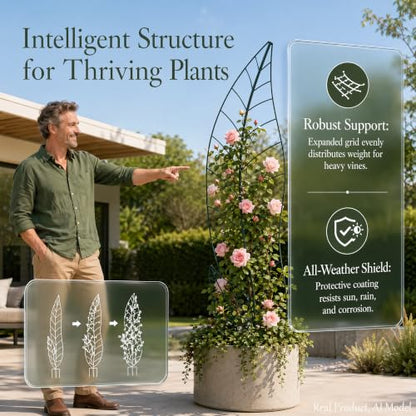 Oversize Leaf Metal Trellis, Tall Robust Plant Support Structure - color: leaf