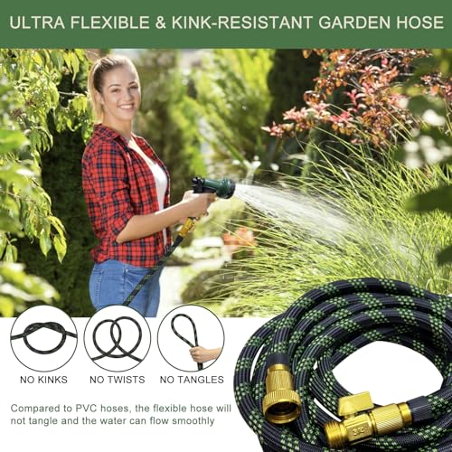 Garden Hose 100 ft, Non-Expandable Flexible Water Hose with 10 Function Spray Nozzle, Lightweight, Leak Proof, Kink-Free, Portable Hose for Outdoor, Yard, Lawn, High-Density Fabric, Black Green