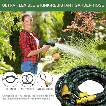 Garden Hose 100 ft, Non-Expandable Flexible Water Hose with 10 Function Spray Nozzle, Lightweight, Leak Proof, Kink-Free, Portable Hose for Outdoor, Yard, Lawn, High-Density Fabric, Black Green