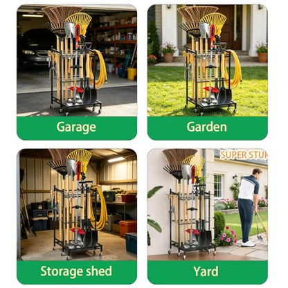Garden Tool Organizer Rack with Wheels Up to 30-35 Tools, Heavy-Duty Steel Yard Tool Organizer for Garage Storage with 11 Hooks, Broom Holder & Garden Tool Rack for Shed, Patio, Lawn, Outdoor, Black