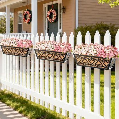 2 Pack 16 Inch Deck Railing Planter Box - Window Boxes Planters with Adjustable Brackets Coco Liners Balcony Planters Railing Hanging for Wind - size: 16 Inch
