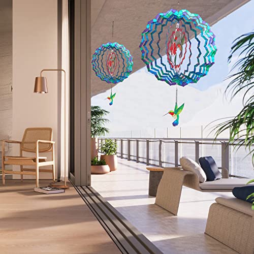 12" Hummingbird Hanging Wind Spinners, 3D Kinetic Metal Wind Spinner - color: Blue & Green