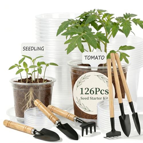 Clear Nursery Pots with Drainage, 126 Pcs Set, 4/5 Inch Plastic Pots for Indoor Plants, Seed Starter Kit with Plant Saucers, Clear Plant Pots with Drainage Holes, Pot Liners, Labels & Tools