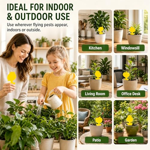 Yellow Sticky Fungus & Gnat Traps with Non-Stick Handle for House Indoors Plants 48 Pack – Double-Sided Adhesive