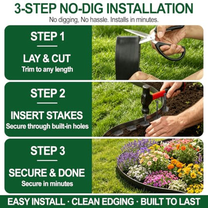 Landscape Edging Border, 2 in x 200 ft No Dig Garden Border, 300 Spikes - size: 200FT-2inch