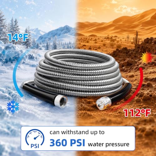 SPECILITE 25ft 304 Stainless Steel Metal Garden Hose with Blue Nozzle - color: Sliver, size: 25 ft