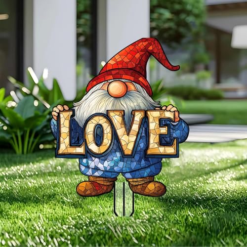 Gnome Love Garden Stakes Decor Yard Acrylic - 2D Garden Acrylic Sign Decoration, Fantasy Yard Art, Gift for Nature Lovers, for Indoor & Outdoor Flower Pots, Yard, Mini Gardens & Lawn (5.9”x5.9”) - color: Q