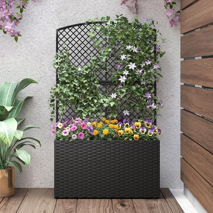 HAPPYGRILL PE Rattan Raised Garden Bed with Trellis & Privacy Screen - color: Black