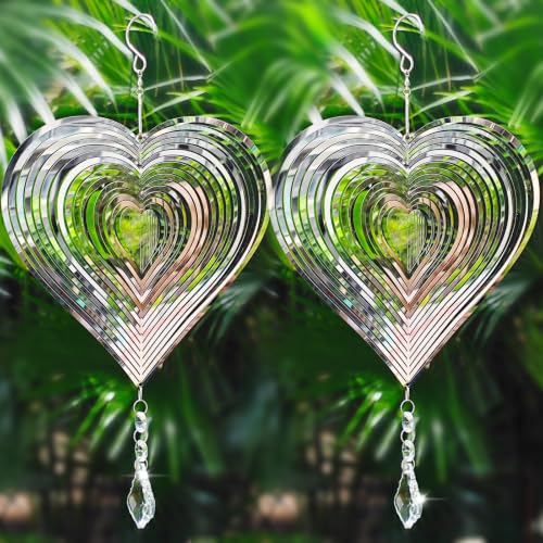 2 Pack Heart Wind Spinners Outdoor Hanging, 3D Stainless Steel Garden Decor