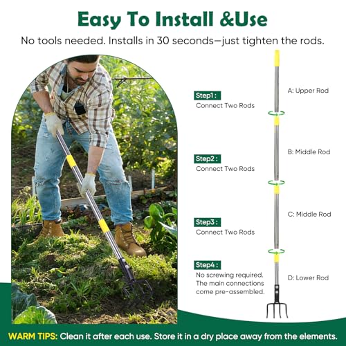 Garden Hand Tiller Cultivator, 4-Tine Adjustable Long Handle