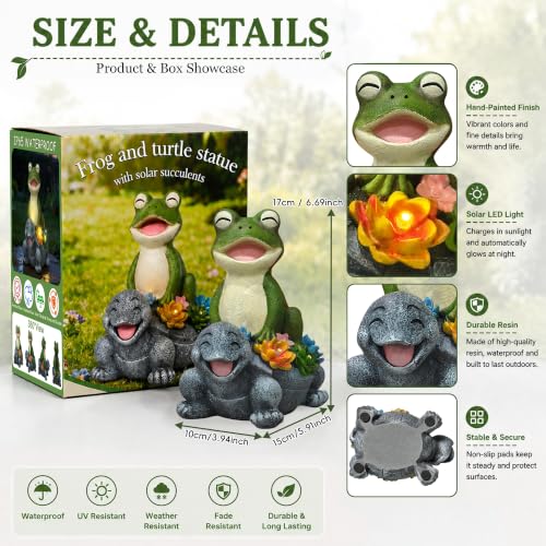Solar Frog and Turtle Garden Statue with LED Succulent Lights - color: Green Frog Gray Turtle Statue