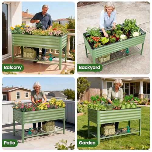 G GOOD GAIN Elevated Raised Garden Bed Kit with Leg, Rack, 2x4ft, Green - size: 2' x 4', style: Green with Legs & Storage Rack