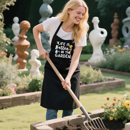 Gardening Apron for Women with Pockets, Adjustable Funny Garden Apron Gifts for Gardener Mom Wife Plant Lover - color: Black-life is Better in the Garden