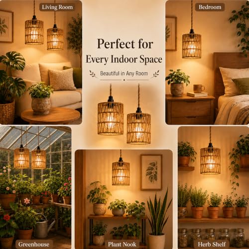 2 Pack Hanging Grow Lights for Indoor Plants Boho Rattan Plant Light