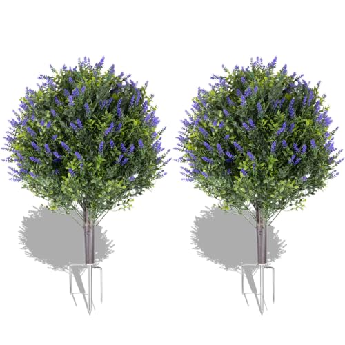 24" Set of 2 Artificial Lavender Topiary Ball Trees, UV Resistant Fake Bushes Shrubs with Metal Stake, Lifelike Evergreen Plants for Outdoor & Indoor Garden Decor - color: Lavender-metal Stake