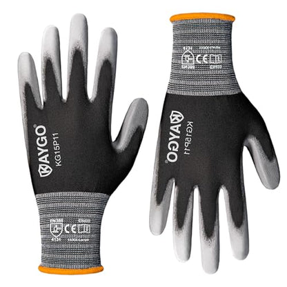 KAYGO Ultra Thin PU Coated Work Gloves, Nylon Knit, KG15P, 12 Pairs - color: Gray, size: XX-Large