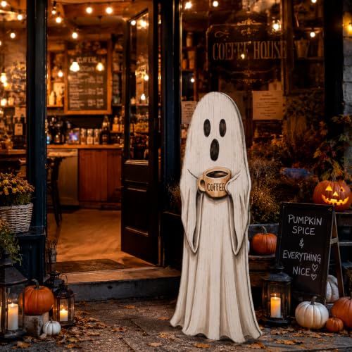 37.4 Inch Halloween Front Porch Decor, Coffee Ghost Wooden Porch Sign - style: Ghost