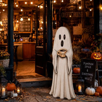 37.4 Inch Halloween Front Porch Decor, Coffee Ghost Wooden Porch Sign - style: Ghost