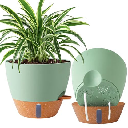 2 Pack 10 inch Plant Pots, Plastic Self Watering Planters - color: Green, size: 10 inches