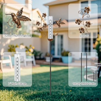 shumi Rain Gauge Outdoor, 7" Hummingbird Rain Gauge for Garden Decor