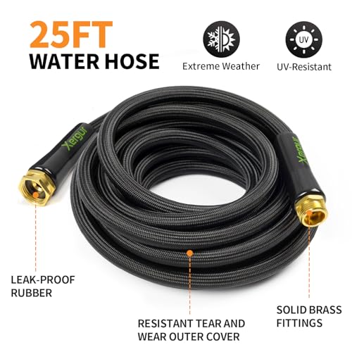 Garden Hose 25Ft, Flexible Lightweight Water Hose, Brass Fittings, Black - size: 25FT