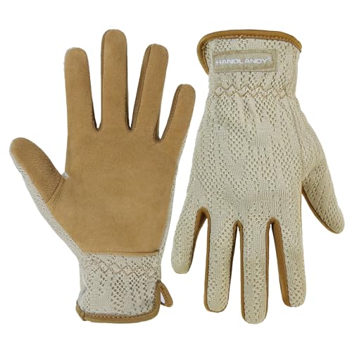 HANDLANDY Gardening Gloves for Women, Leather Garden Glove, Gardener Gift - color: Coffee Khaki, size: Small (Pack of 1)