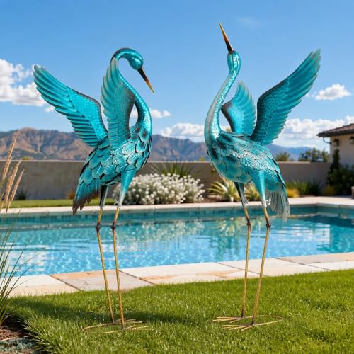 47.5" Metal Crane Statue, Extra-Large Blue Heron Decor Set of 2 - color: 47.5" -Glossy Turquoise