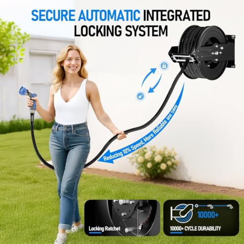 SPECILITE Retractable Garden Hose Reel with 3/4" 65ft Hot/Cold Pipe, Black - color: Black, size: 3/4'' 65 FT