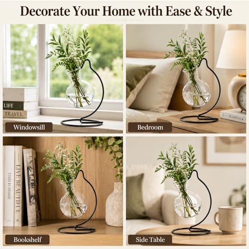 Plant Propagation Station, Plastic Vase with Metal Stand, Clear Plastic Hanging Vase, Hydroponic Planter for Office Home Wedding Tabletop Decoration (4)