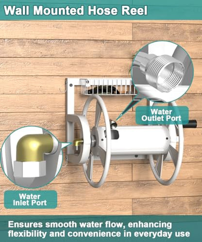 Artigarden Outdoor Wall Mounted Hose Reel with Hook, Garden Heavy-Duty Water Hose Holder Winder with 3.9 ft Leader Hose, Brass Fitting and Storage Basket for Yard, Holds 125 Ft of 5/8-Inch Hose, White - color: White