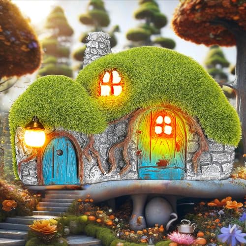 Solar Garden Cottage House Statue with LED Lights - color: Fairy Garden House-1