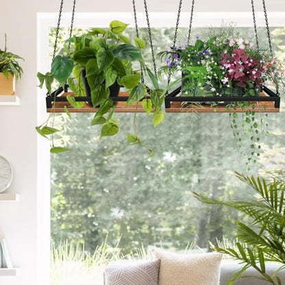 Plant Hanger Indoor, 16" Wooden Hanging Plant Holder with Metal Frame - size: Large