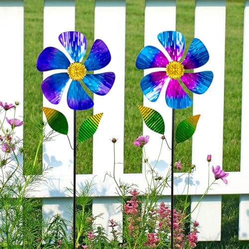 Viveta 2 Pack Garden Wind Spinners, Flower Metal Windmill - color: Blue and Pink