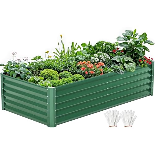 DWVO 6 x 3 x 1.5 FT Raised Garden Bed Kit, Outdoor Galvanized Flower Bed with Gloves, Large Metal Planter Box for Vegetables, Flowers, Herbs, Fruits, Green - color: Green, size: 6x3x1.5ft