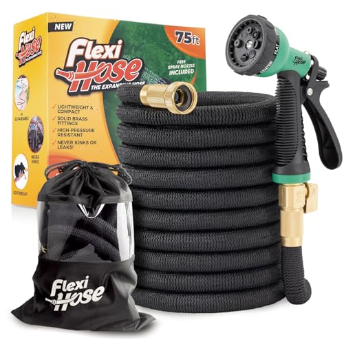 Flexi Hose Plus Expandable Garden Hose with 8 Function Nozzle, 75FT - Lightweight Retractable Garden Hose, Water Hose - No-Kink Flexibility, 3/4 Inch Solid Brass Fittings Includes Hook & Bag - size: 75ft
