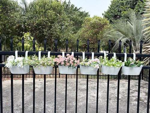 6 Pack 12" Metal Balcony Fence Railing Planters for Outdoor, Oval White - color: Oval-white
