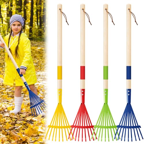 4 Pcs Kids Rake Small 27inch Wood Handle Leaf Rake with Colorful Metal Tine