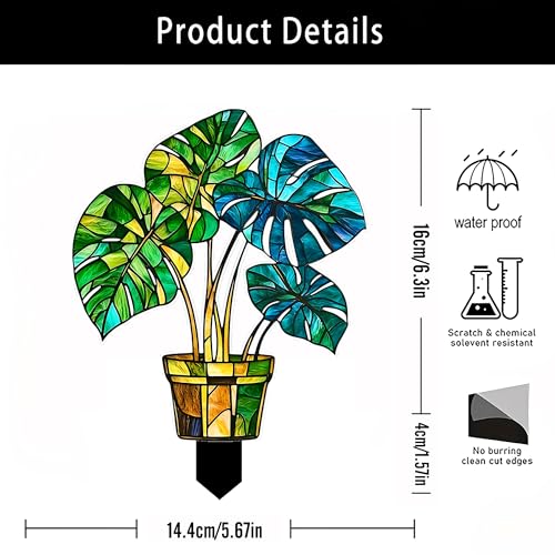 Stained Glass Monstera Plant Acrylic Garden Stake, Indoor and Outdoor Garden Acrylic Decoration, Idea Gift for Flower Potted Ornament and Landscape Beautification, Suitable for Courtyards and Lawn