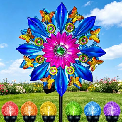 60 in Large Wind Spinners Outdoor, Solar Double Sided Wind Sculpture - color: 60 In-blue