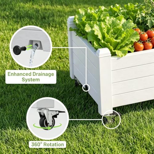 Raised Garden Bed with Wheels 74" Outdoor Planter Box Drainage,White - color: White, size: 13.3"h
