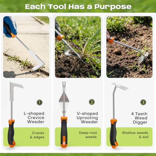 fishark Weed Puller Tool Set, 3 Pack Stainless Steel Manual Weeder