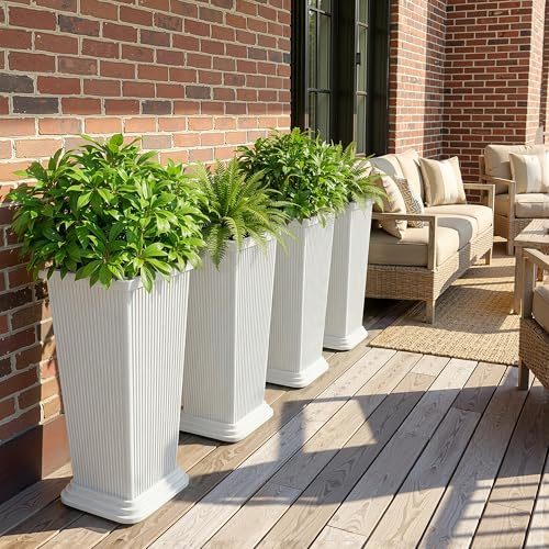 Plastic 24" Tall White Planters Outdoor Set of 2, Ribbed - color: White Ribbed