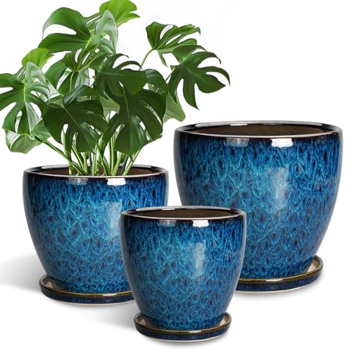 Plant Pots Indoor, Ceramic Planters Pots with Drainage Holes and Saucers, 10+8+6 Inch, Set of 3, Round Large Flower Pots for Indoor Outdoor Plants, Blue - color: Blue