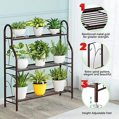 SORCEDAS 3 Tier Metal Plant Stand Indoor Outdoor Corner Flower Shelf - size: 3 Tier-Bronze