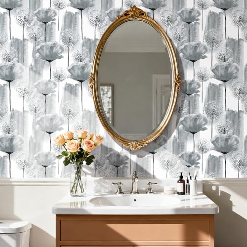 17.5in×317in Dandelion Wallpaper Peel and Stick Wallpaper Grey Self Adhesive Removable Wallpaper for Walls Cabinets Drawers Botanical Peel and Stick Wall Paper Grey and White Contact Paper - color: Grey wallpaper, size: 17.5" x 317"