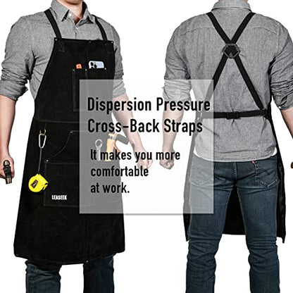 LeaSeek Leather Welding Apron, Heat & Flame-Resistant, 6 Pockets - color: Black - 24"x 36" With Gloves