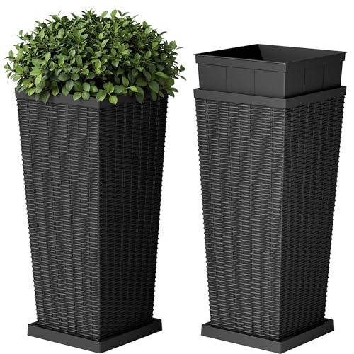 Devoko Resin 24'' Tall Planters, Large Taper Outdoor Planter - color: Black, size: 24" With Trays