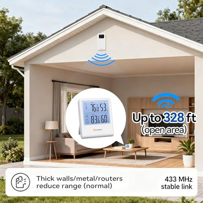 Indoor Outdoor Thermometer Hygrometer with Wireless Sensor, 328 ft Range